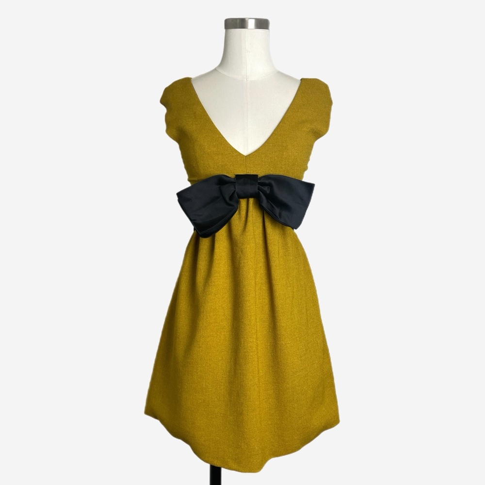 Vintage Y2K Katy Rodriguez golden yellow satin bow front mini dress twee mod 0